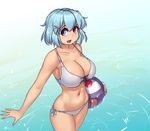 :d adapted_object bikini blue_eyes blue_hair breasts cleavage collarbone commentary cowboy_shot front-tie_bikini front-tie_top hair_ornament hairclip hater_(hatater) heterochromia highres karakasa_obake large_breasts looking_at_viewer navel open_mouth red_eyes short_hair side-tie_bikini smile solo swimsuit tatara_kogasa touhou umbrella water white_bikini 