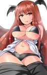  :q arms_behind_back bat_wings black_bra black_panties black_skirt bra breasts commentary_request head_wings highres koakuma large_breasts licking_lips long_hair looking_at_viewer navel open_clothes open_shirt panties red_eyes red_hair shirt simple_background skirt skirt_pull solo tongue tongue_out touhou underwear white_background white_shirt wings y2 
