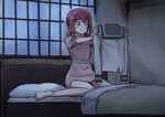  aqua_eyes bangs barefoot bed blush_stickers clothes_removed commentary_request dark frills greymon_(nodoame1215) highres holding_clothes indoors kurosawa_ruby love_live! love_live!_sunshine!! night nightgown on_bed pajamas pillow pink_pajamas red_hair school_uniform scrunchie serafuku sitting sitting_on_bed smile solo twintails uranohoshi_school_uniform wariza white_scrunchie window 