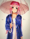  bad_id bad_pixiv_id green_eyes jacket long_hair macross macross_7 matcha_mochi mylene_jenius pink_hair rain umbrella 