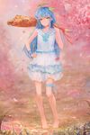  bangs barefoot blue_bow blue_dress blue_hair blue_ribbon blurry blurry_background bow bowtie cherry_blossoms closed_mouth club collarbone dated dress eyebrows_visible_through_hair frilled_dress frilled_shirt_collar frills full_body grass hair_ornament hairclip hand_on_hip head_tilt holding kisei2 layered_dress leg_ribbon light_smile long_hair looking_at_viewer medium_dress original outdoors over_shoulder petals plant_on_head pointy_ears ribbon sailor_collar sidelocks signature sleeveless sleeveless_dress solo spring_(season) standing tiptoes tree weapon weapon_over_shoulder wrist_ribbon yellow_eyes 