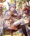  77gl animal_ears ass backless_outfit bad_id bad_pixiv_id bangs bare_shoulders black_legwear blue_eyes blunt_bangs breasts chair company_name crossed_legs detached_sleeves dress dress_lift elbow_gloves erune feathers gloves granblue_fantasy hair_ornament korwa left-handed lips long_hair looking_at_viewer medium_breasts mismatched_legwear official_art parted_lips short_dress sideboob sitting solo thighhighs white_gloves white_legwear window wooden_floor 