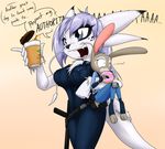  2016 anthro baton belt beverage breasts bulletproof_vest carrying clothed clothing coffee cup cute_fangs dialogue disney doughnut dragon duo english_text female food fur furred_dragon gradient_background judy_hopps lagomorph mammal nhala_levee police_uniform rabbit sandwich-anomaly simple_background text uniform utility_belt whiskers zootopia 