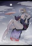  absurdres anchors bare_legs bare_shoulders blonde_hair blush breasts cup full_moon grin highres horn hoshiguma_yuugi japanese_clothes kimono large_breasts letterboxed long_hair moon night night_sky nipples one_breast_out pointy_ears red_eyes sakazuki signature sitting sky smile solo touhou 