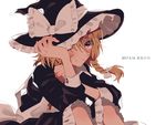  apron backlighting blonde_hair blush braid buttons date_pun dated frilled_skirt frills hat hosomitimiti kirisame_marisa looking_at_viewer number_pun one_eye_covered simple_background single_braid skirt sparkling_eyes sweatdrop touhou witch_hat yellow_eyes 