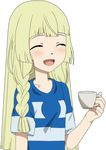  1girl lillie_(pokemon) mug pokemon pokemon_(anime) pokemon_sm pokemon_sm_(anime) satoshi_(pokemon)_(cosplay) striped_shirt 