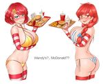  ass bangs bikini blue_bow blue_eyes blush bow braid breast_hold breast_lift breasts curly_hair detached_sleeves drink english eyebrows_visible_through_hair food freckles french_fries hair_bow hair_ornament hairpin hamburger highres large_breasts long_hair long_sleeves looking_at_viewer mcdonald's multiple_girls nose_blush open_mouth pixeycube1987 red_eyes red_hair side-tie_bikini smile smug strap_gap striped striped_legwear striped_sleeves swept_bangs swimsuit take_your_pick thighhighs tray twin_braids twintails vertical-striped_bikini vertical_stripes wavy_mouth wendy's wendy_(wendy's) yellow_bikini 