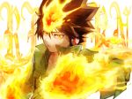  1boy brown_hair collarbone commentary_request fire from_side gloves green_jacket headphones jacket katekyo_hitman_reborn! looking_at_viewer magic male_focus mowar25 open_clothes open_jacket sawada_tsunayoshi short_hair short_sleeves solo spiked_hair teeth title upper_body yellow_eyes 