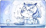  =_= blue chair closed_eyes commentary_request curry food food_on_face hand_on_own_cheek holding holding_spoon kemono_friends monochrome northern_white-faced_owl_(kemono_friends) sakino_shingetsu short_hair smile solo sparkle spoon table 