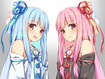  bare_shoulders blue_bow blue_hair blush bow detached_sleeves eyebrows_visible_through_hair hair_bow kotonoha_akane kotonoha_aoi looking_at_viewer mikazuchi_zeus multiple_girls open_mouth pink_bow pink_hair red_eyes smile voiceroid 