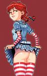  1girl ass asuch bottomless bow braid breasts earrings female freckles green_eyes highres jewelry legwear light-skinned light-skinned_female looking_back mascot meme naughty_face no_panties parted_lips piercing red_hair ribbon shirt_lift smile solo stockings striped striped_legwear striped_stockings teeth thighs tied_hair twin_braids twintails wendy&#039;s wendy_(wendy&#039;s) 