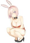  alternate_costume animal_ears bare_legs bare_shoulders breast_hold breasts bunny_ears bunny_girl bunny_tail bunnysuit collarbone detached_collar fate/grand_order fate_(series) full_body hair_over_one_eye high_heels highres large_breasts leotard looking_at_viewer mash_kyrielight off_shoulder parted_lips pumps purple_eyes purple_hair red_leotard short_hair solo tail thighs throtem wrist_cuffs 