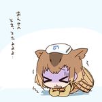  &gt;_&lt; animal_ears brown_hair bucket capybara_(kemono_friends) capybara_ears closed_eyes commentary_request eyebrows_visible_through_hair ikkyuu japari_symbol kemono_friends short_hair solo towel towel_on_head translated trembling turn_pale 