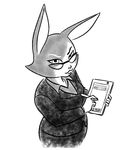  anthro clothed clothing female fur greyscale high-angle_view lagomorph lhk looking_at_viewer looking_up mammal monochrome multicolored_fur rabbit rimba_racer smile smirk solo stylus suit tablet torres_(rimba_racer) two_tone_fur 