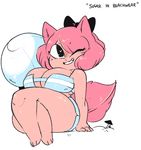  &lt;3 &lt;3_eyes anthro big_breasts bow breasts cat cleavage clothed clothing english_text feline female fur gats grin hair mammal one_eye_closed pink_fur pink_hair simple_background sitting smile sugar_(gats) swimsuit text white_background 