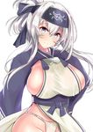  ainu_clothes blue_eyes blush breasts closed_mouth dress folded_ponytail fundoshi headgear highres huge_breasts japanese_clothes kamoi_(kantai_collection) kantai_collection long_hair long_sleeves looking_at_viewer sankakusui sideboob silver_hair simple_background skindentation sleeveless sleeveless_dress smile solo underwear upper_body white_background white_dress wide_sleeves 