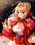  ahoge bangs blonde_hair blush braid breasts cleavage closed_mouth commentary_request dress eyebrows_visible_through_hair fate/extra fate_(series) french_braid green_eyes hair_between_eyes hair_bun hand_up highres juliet_sleeves large_breasts light_smile long_sleeves looking_at_viewer nero_claudius_(fate) nero_claudius_(fate)_(all) petals puffy_sleeves red_dress satoimo_chika sidelocks smile solo upper_body 