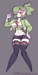  2017 abs anthro athlete athletic bangs big_breasts blush bound_breasts breasts chest_binding cleavage clothed clothing determined eifie female front_view gardevoir green_hair hair hairtie headband jacket legwear nintendo pok&eacute;mon pok&eacute;morph ponytail red_eyes shorts smile socks spats sporty standing stockings thigh_highs thigh_socks thong video_games wide_hips 