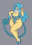  anthro big_breasts blue_hair blue_lips breasts clothed clothing female footwear grey_background hair hair_over_eye high_heels liveforthefunk nintendo pok&eacute;mon shoes simipour simple_background solo thick_thighs video_games wide_hips 