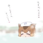  :3 animal_ears blush brown_hair capybara_(kemono_friends) capybara_ears commentary_request eyebrows_visible_through_hair ikkyuu japari_symbol kemono_friends onsen partially_submerged short_hair solo translated 