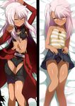  arms_up bed_sheet black_panties blush cape chaps chloe_von_einzbern closed_mouth commentary_request dakimakura dark_skin eyebrows_visible_through_hair eyes_visible_through_hair fate/kaleid_liner_prisma_illya fate_(series) from_above hair_between_eyes highres legs_together long_hair looking_at_viewer lying midriff multiple_views navel on_back panties pink_hair pleated_skirt shimejinameko shiny shiny_hair shiny_skin shirt side_ponytail skirt skirt_lift smile striped striped_shirt tank_top thigh_gap underwear waist_cape yellow_eyes 