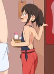  :d apron bare_back blush brown_eyes brown_hair bubukka carrying commentary_request flat_chest looking_at_another naked_apron ogino_chihiro open_mouth sen_to_chihiro_no_kamikakushi short_hair size_difference smile solo_focus 