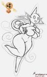  2017 big_breasts breasts female grin holding_breast marukomuru navel nintendo peace_(disambiguation) pok&eacute;mon rotom simple_background sketch smile solo thick_thighs video_games wide_hips 