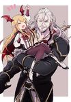  1girl 50yen bat_wings beard blonde_hair boots bow commentary_request earrings facial_hair fang frilled_skirt frills granblue_fantasy head_wings jewelry long_hair long_sleeves necklace open_mouth pale_skin pointy_ears red_bow red_eyes shadowverse sharp_teeth shingeki_no_bahamut shirt silver_hair skirt smile teeth urias_(shadowverse) vampire vampy wings 