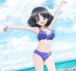  2017 arms_up beach bikini black_eyes black_hair blue_bikini breasts bukkuri cleavage dated day dutch_angle frilled_bikini frills front-tie_bikini front-tie_top girls_und_panzer highres inatomi_hibiki looking_at_viewer medium_breasts navel open_mouth outdoors short_hair signature solo swimsuit 