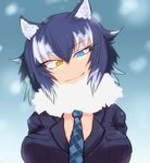  animal_ears black_hair blue_eyes breasts commentary_request fur_collar grey_wolf_(kemono_friends) heterochromia kemono_friends large_breasts long_hair multicolored_hair necktie nuka_cola06 solo two-tone_hair wolf_ears yellow_eyes 