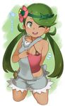 ;d absurdres atte7kusa bangs bikini_top black_bikini_top breasts commentary_request cowboy_shot criss-cross_halter crop_top cropped_legs cutoffs dark_skin flower green_eyes green_hair hair_flower hair_ornament halterneck headband highres long_hair low_twintails mao_(pokemon) midriff one_eye_closed open_mouth overalls pokemon pokemon_(game) pokemon_sm skindentation small_breasts smile solo swept_bangs translated twintails 