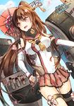  black_legwear blush breasts brown_eyes brown_hair commentary_request dated day kantai_collection large_breasts long_hair miniskirt open_mouth outdoors petals pleated_skirt ponytail signature single_thighhigh skirt sky solo standing thighhighs yamato_(kantai_collection) yuihira_asu 