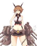  bare_shoulders breasts brown_hair closed_mouth commentary_request cowboy_shot eyebrows_visible_through_hair gloves hair_between_eyes headband headgear kantai_collection large_breasts legs_apart midriff miniskirt mutsu_(kantai_collection) navel raki_(kuroe) short_hair simple_background skirt smile solo standing turret white_background white_gloves 