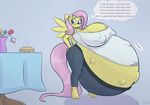  anthro big_breasts blush breasts cleavage clothed clothing english_text equine feathered_wings feathers fluttershy_(mlp) food forfun41 friendship_is_magic hooves huge_breasts hyper hyper_breasts hyper_pregnancy invalid_tag mammal my_little_pony nipple_bulge pants pegasus pie pregnant shirt text wings 