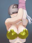  :&gt; angel angel_wings angewomon armor bare_shoulders bdsm blonde_hair blush bondage bound breastplate breasts cleavage covered_face digimon feathers gradient gradient_background helmet highres large_breasts long_hair muramura_hito solo tears wings 