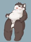  4_fingers anthro balls blush canine censor_bar censored cum cum_on_balls dog fur grey_fur humanoid_penis kitsunepurin male mammal moritaka open_mouth overweight partially_retracted_foreskin penis post_orgasm scar simple_background solo standing uncut 