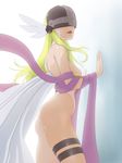  1girl angel angel_wings angewomon ass assymetrical_clothing bare_shoulders blonde_hair blush breasts cleavage covered_face digimon digimon_(creature) feathered_helmet feathers female helmet high_heels long_hair muramura_hito open_mouth wings 
