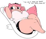  anthro big_breasts bow breasts cat cleavage clothed clothing english_text feline female fur gats hair hands_behind_head humor lying mammal on_back pink_fur pink_hair pun simple_background smile spoon sugar_(gats) text white_background 