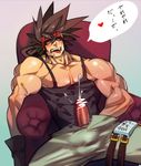  1boy abs ahegao bara brown_hair cum drooling ejaculation erection gairen guilty_gear headband male_focus muscle open_mouth orgasm pecs penis saliva sitting tagme undressing 