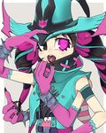  1girl alien battleborn black_hair blush claws extra_arms long_hair looking_at_viewer multiple_arms orendi_(battleborn) sharp_teeth solo teeth twintails witch_hat 