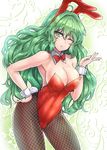  ;o alternate_costume animal_ears armpits bangs bare_shoulders blown_kiss bow bowtie breasts bunny_ears bunny_girl bunnysuit cleavage contrapposto covered_navel cowboy_shot detached_collar fake_animal_ears fishnet_pantyhose fishnets green_eyes green_hair hand_on_hip kazami_yuuka kazami_yuuka_(pc-98) large_breasts leotard long_hair looking_at_viewer one_eye_closed pantyhose parted_lips red_bow red_leotard red_neckwear sideboob solo standing touhou touhou_(pc-98) very_long_hair wavy_hair wrist_cuffs y2 