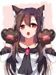  :o animal_ear_fluff animal_ears ascot brown_hair commentary_request eyebrows_visible_through_hair gloves hair_between_eyes imaizumi_kagerou jewelry long_hair long_sleeves looking_at_viewer open_mouth paw_gloves paws red_eyes renka_(sutegoma25) round_teeth simple_background solo teeth touhou upper_body upper_teeth wolf_ears 