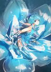  adapted_costume alternate_costume blue_dress blue_eyes blue_hair blurry bow cirno closed_mouth commentary_request dress fairy flower hair_bow hair_ornament highres ice ice_wings kaatoso kneeling looking_at_viewer shirt short_hair sleeveless solo touhou vest wings 