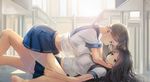 brown_hair desk eye_contact girl_on_top hands_on_another's_face highres kikivi long_hair looking_at_another lying midriff multiple_girls on_back original sailor_collar school_uniform skirt sunlight window yuri 