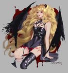  alternate_eye_color animal_ears big_hair black_dress black_wings blonde_hair breasts cat_ears choker cropped_legs curly_hair damang demon_tail dress fang highres lipstick long_hair looking_at_viewer makeup red_eyes scar seeu short_dress signature single_thighhigh small_breasts solo tail thighhighs vampire very_long_hair vocaloid wings 