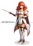  arm_guards armor bangs black_legwear breastplate cape celica_(fire_emblem) detached_collar dress earrings fingerless_gloves fire_emblem fire_emblem_echoes:_mou_hitori_no_eiyuuou fire_emblem_heroes full_body gloves hair_ornament highres jewelry long_hair looking_at_viewer md5_mismatch red_eyes red_hair simple_background solo sword thighhighs tiara umipro weapon zettai_ryouiki 