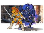  2017 anthro anthrofied armor bikini blue_eyes boots border breasts chainmail_bikini cleavage clothed clothing collar cosmic_hair duo equine feathered_wings feathers female footwear friendship_is_magic frown gloves hair holding_object holding_weapon horn jewelry mammal melee_weapon my_little_pony navel necklace open_mouth photo_background princess_luna_(mlp) rabbi-tom red_hair red_shetland richard_konkle standing swimsuit sword unconvincing_armor vambraces weapon white_border winged_unicorn wings 