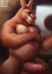  2017 anthro balls belly biceps big_penis blue_eyes erection front_view fur hand_on_chest huge_penis humanoid_penis hungrypaws kangaroo long_ears long_penis looking_at_viewer male mammal marsupial muscular muscular_male nipples nude overweight pecs penis pink_nose pink_penis pose precum signature simple_background smile solo spread_legs spreading standing tan_balls tan_fur tan_skin teeth thick_penis 