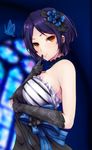  blurry blurry_background commentary_request dress elbow_gloves finger_to_mouth gloves hayami_kanade highres idolmaster idolmaster_cinderella_girls looking_at_viewer purple_hair ryuu. short_hair solo upper_body yellow_eyes 