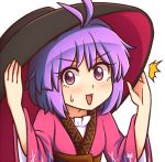  /\/\/\ 1girl :d antenna_hair bangs black_hat blush bowl bowl_hat brown_sash commentary eyebrows_visible_through_hair eyelashes hand_on_headwear hands_up hat japanese_clothes kimono long_sleeves looking_at_viewer obi open_mouth purple_hair red_eyes red_kimono sash simple_background smile solo sukuna_shinmyoumaru sweat touhou upper_body v-shaped_eyebrows white_background wide_sleeves wool_(miwol) 